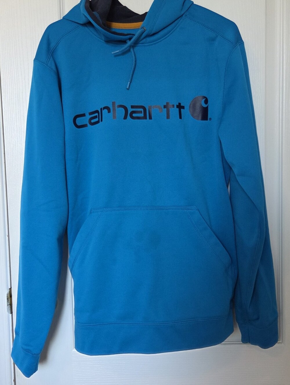 Carhartt Men's Teal/pale Blue Logo Pullover Hoodie. Stain As Shown.